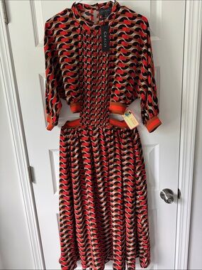 Gracia Red, Black & Cream Geometric Midi Dress